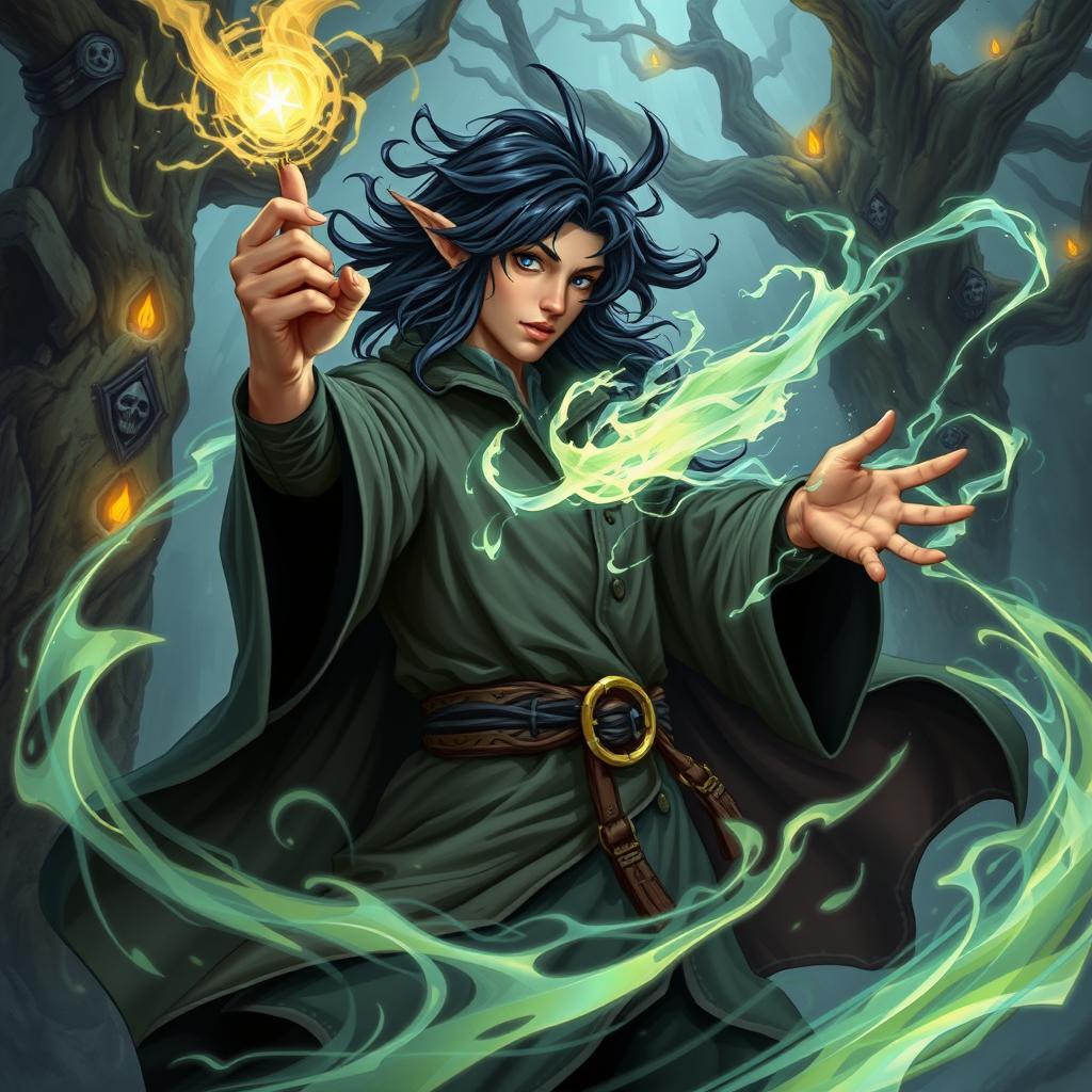 A semi-elf wizard with black hair casting wild magic