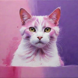 A hand-painted artwork of a cat bathed in a vibrant aesthetic composed of pink and purple tones.