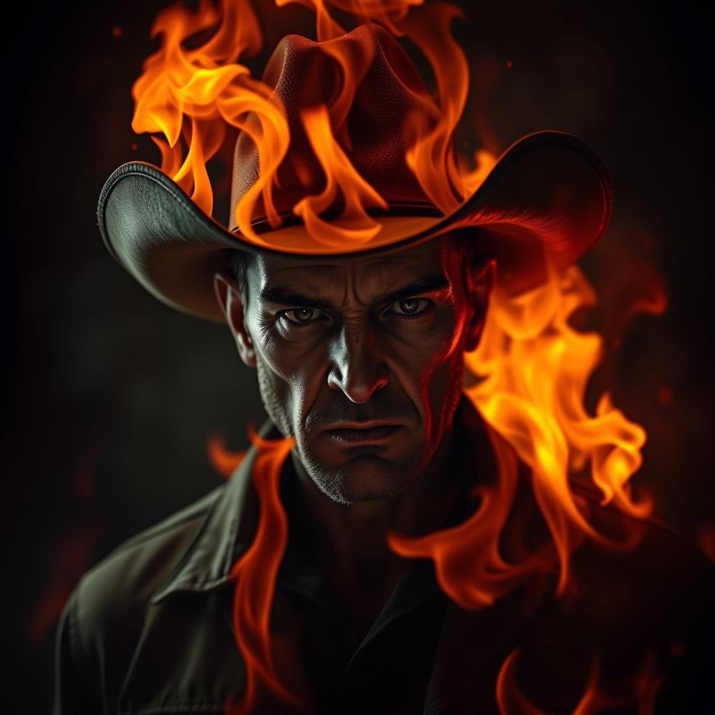 Create a chilling and eerie image featuring a man in a cowboy hat surrounded by flames