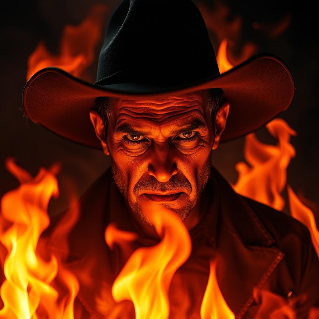 Create a chilling and eerie image featuring a man in a cowboy hat surrounded by flames