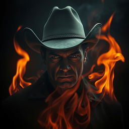 Create a chilling and eerie image featuring a man in a cowboy hat surrounded by flames