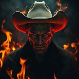 Create a chilling and eerie image featuring a man in a cowboy hat surrounded by flames