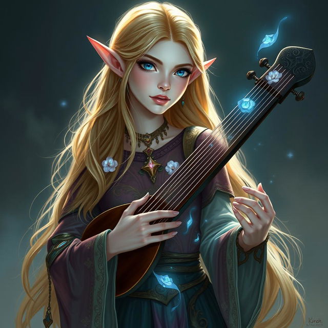 Liraë is a tall and elegant elf with pale skin that softly glows with an ethereal sheen