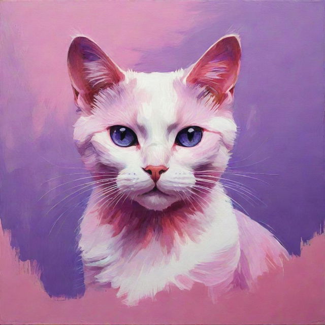 A hand-painted artwork of a cat bathed in a vibrant aesthetic composed of pink and purple tones.