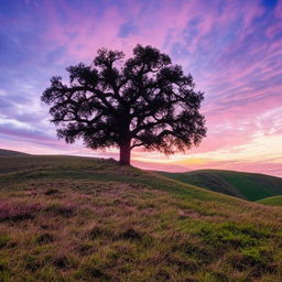 A gorgeous landscape of rolling green hills under a sky lit with a sunset purple hue, with a dominant majestic oak tree in the foreground.