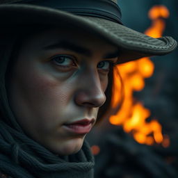 Create a hyperrealistic, highly detailed close-up image of a person wearing a hat with a fire in the background