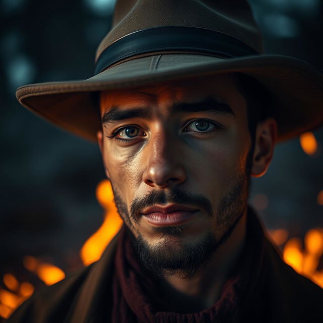 Create a hyperrealistic, highly detailed close-up image of a person wearing a hat with a fire in the background