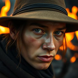 Create a hyperrealistic, highly detailed close-up image of a person wearing a hat with a fire in the background