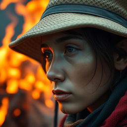 Create a hyperrealistic, highly detailed close-up image of a person wearing a hat with a fire in the background