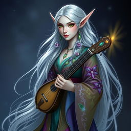 A tall and elegant elf with pale skin that glows with a soft ethereal shimmer