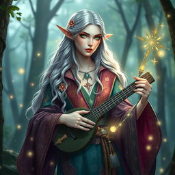 Generate an image of a tall and elegant elf named Liraë Althalan, who is a mix of mage and bard