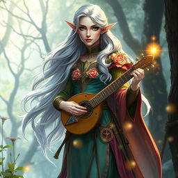 Generate an image of a tall and elegant elf named Liraë Althalan, who is a mix of mage and bard