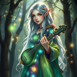 Generate an image of a tall and elegant elf named Liraë Althalan, who is a mix of mage and bard