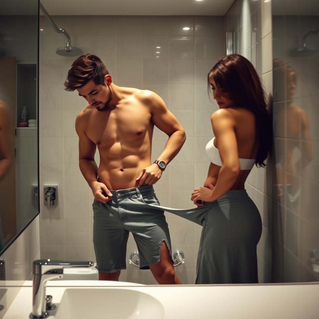 A couple is in a bathroom, with the man removing the woman's pants