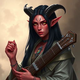 A striking female Tiefling with pale red skin that subtly glows under the light