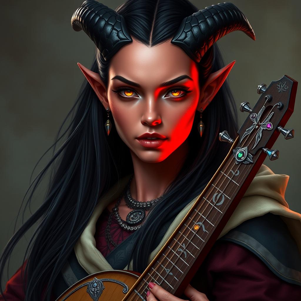 A striking female Tiefling with pale red skin that subtly glows under the light