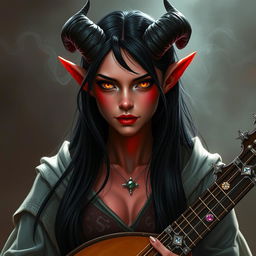 A striking female Tiefling with pale red skin that subtly glows under the light