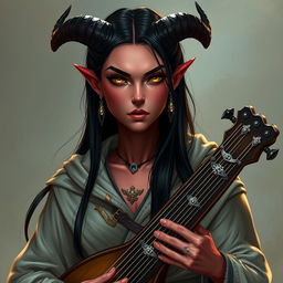 A striking female Tiefling with pale red skin that subtly glows under the light