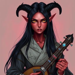 A striking female Tiefling with pale red skin that subtly glows under the light