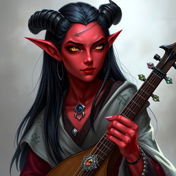 A striking female Tiefling with pale red skin that subtly glows under the light