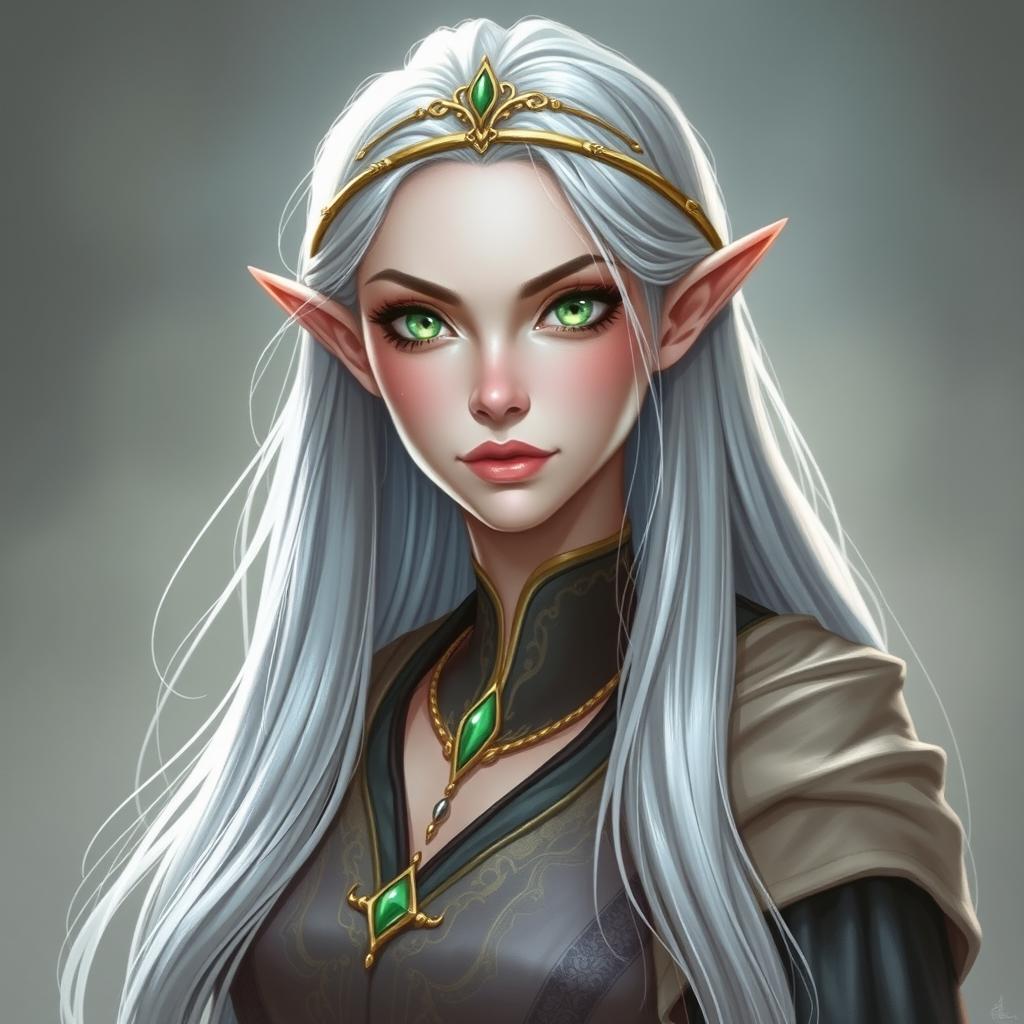 Dungeons and Dragons illustration: a tall, elegant elf with pale, ethereal skin