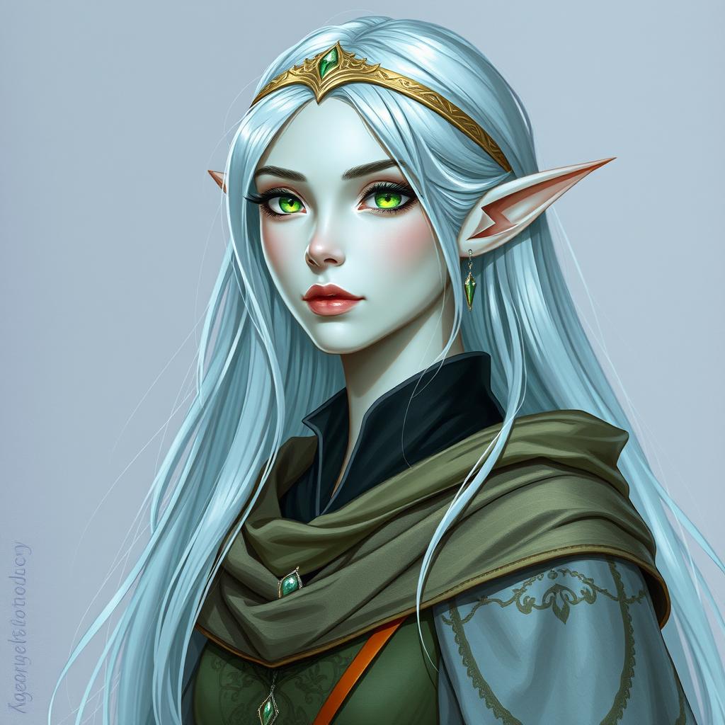 Dungeons and Dragons illustration: a tall, elegant elf with pale, ethereal skin