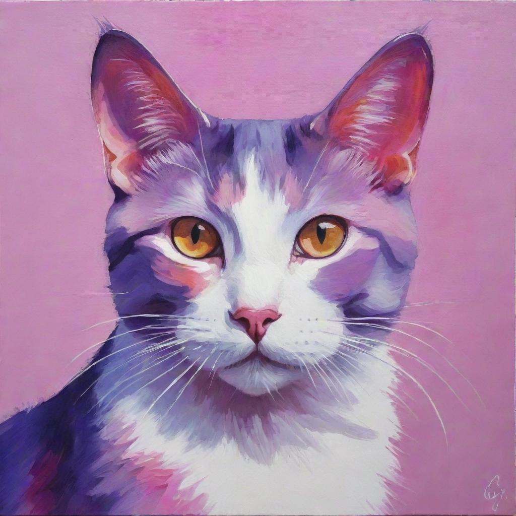 A delightful painting of a cat painted in vibrant shades of pink and purple.