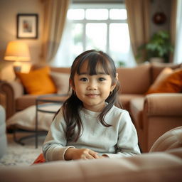 An eight-year-old Asian girl sitting in a cozy living room