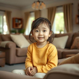 An eight-year-old Asian girl sitting in a cozy living room