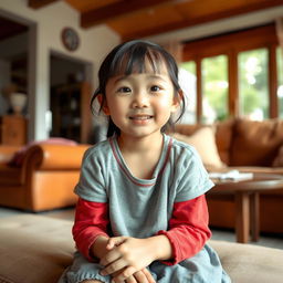 An eight-year-old Asian girl sitting in a cozy living room