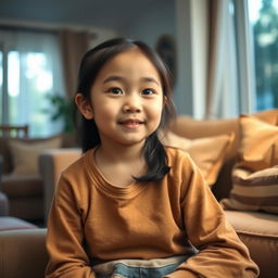 An eight-year-old Asian girl sitting in a cozy living room