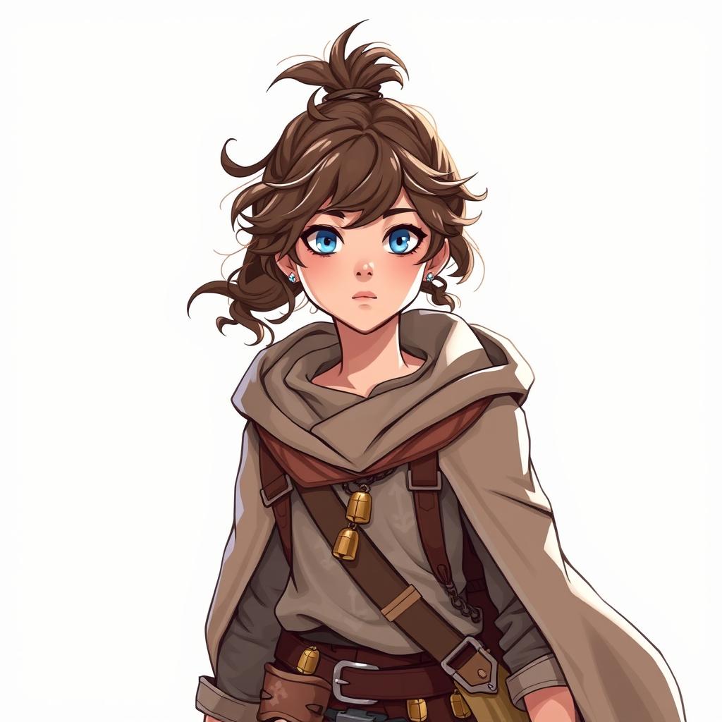 Dungeons and Dragons illustration: a young female human of medium height, with curly brown hair usually tied back in a messy ponytail