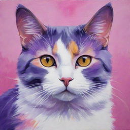 A delightful painting of a cat painted in vibrant shades of pink and purple.