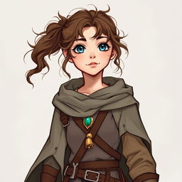 Dungeons and Dragons illustration: a young female human of medium height, with curly brown hair usually tied back in a messy ponytail