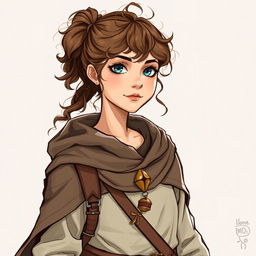 Dungeons and Dragons illustration: a young female human of medium height, with curly brown hair usually tied back in a messy ponytail