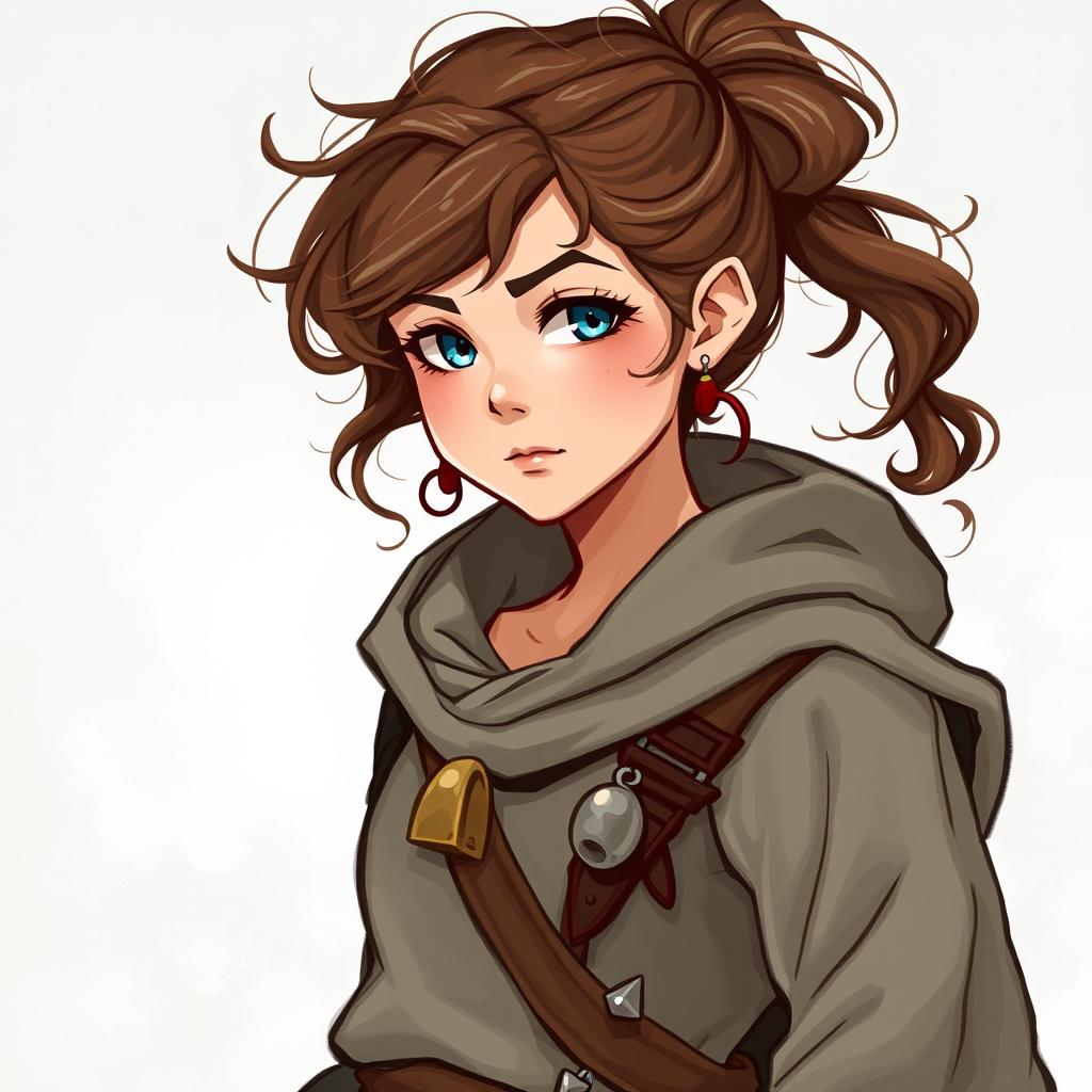 Dungeons and Dragons illustration: a young female human of medium height, with curly brown hair usually tied back in a messy ponytail