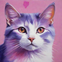 A delightful painting of a cat painted in vibrant shades of pink and purple.