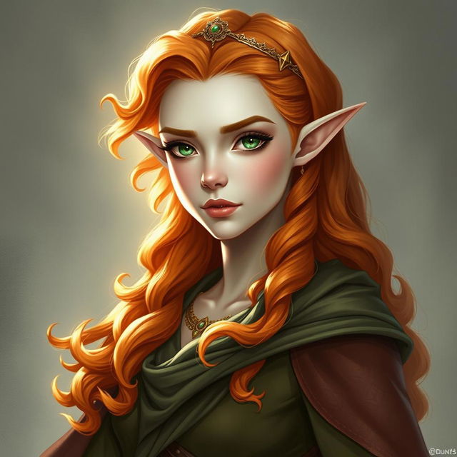 Dungeons and Dragons illustration: a young, tall, and elegant female elf with a majestic bearing