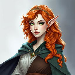 Dungeons and Dragons illustration: a tall and elegant young female elf with pale, ethereal skin, bright emerald green eyes, and long, curly, vibrant orange and reddish hair