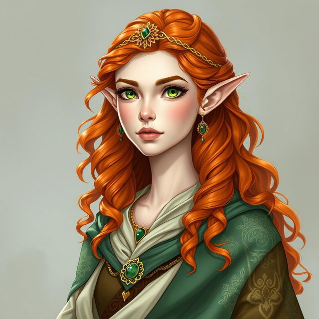 Dungeons and Dragons illustration: a tall and elegant young female elf with pale, ethereal skin, bright emerald green eyes, and long, curly, vibrant orange and reddish hair