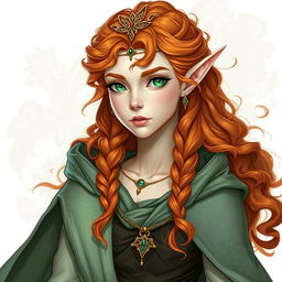 Dungeons and Dragons illustration: a tall and elegant young female elf with pale, ethereal skin, bright emerald green eyes, and long, curly, vibrant orange and reddish hair