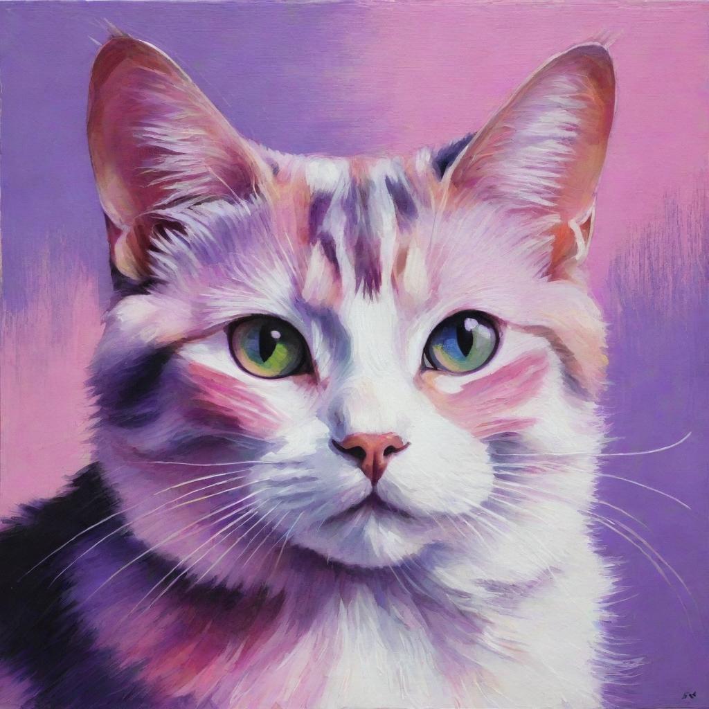 A delightful painting of a cat painted in vibrant shades of pink and purple.