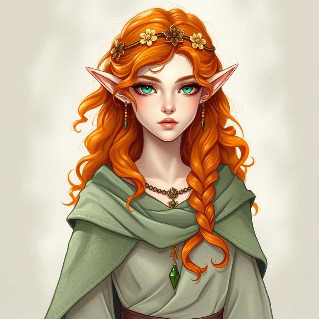 Dungeons and Dragons illustration: a tall and elegant young female elf with pale, ethereal skin, bright emerald green eyes, and long, curly, vibrant orange and red hair