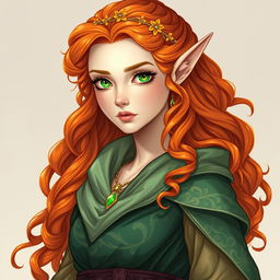 Dungeons and Dragons illustration: a tall and elegant young female elf with pale, ethereal skin, bright emerald green eyes, and long, curly, vibrant orange and red hair