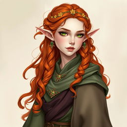 Dungeons and Dragons illustration: a tall and elegant young female elf with pale, ethereal skin, bright emerald green eyes, and long, curly, vibrant orange and red hair