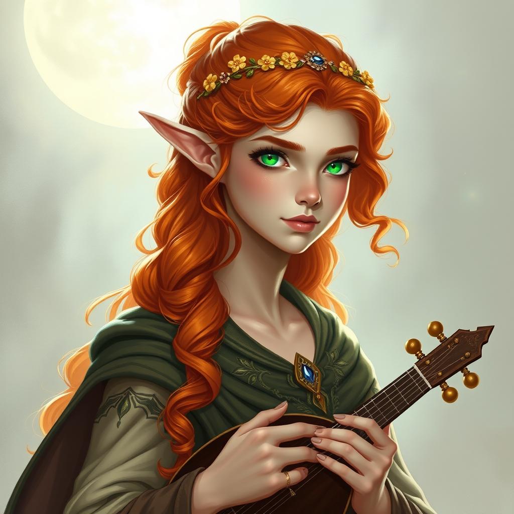 Dungeons and Dragons illustration: a tall, elegant young female elf with a majestic demeanor