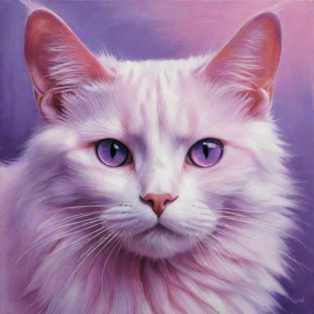 A captivating painting of a pink and purple cat with mesmerizing pink eyes.