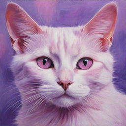 A captivating painting of a pink and purple cat with mesmerizing pink eyes.