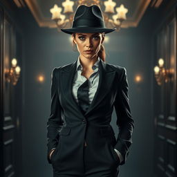 A powerful and stylish female mafia boss, dressed in a sharp suit with a fedora hat, standing confidently in an elegant, dimly-lit room