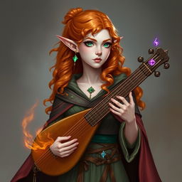 Dungeons and Dragons illustration: a tall, elegant young female elf with pale, ethereal skin, bright emerald green eyes, and long, curly hair of vibrant orange and reddish hues